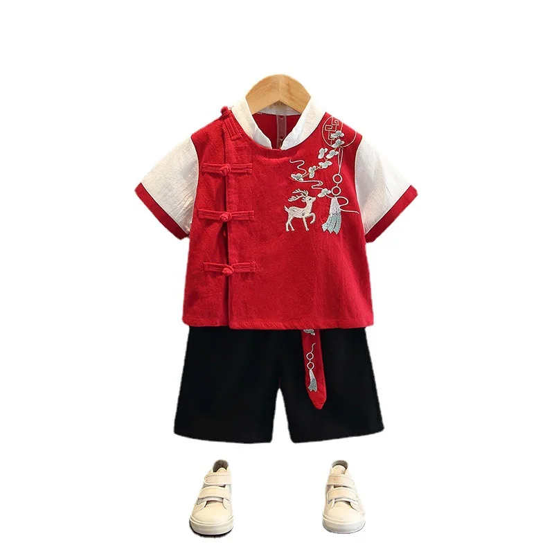 Летний костюм Hanfu в китайском стиле ретро с коротким рукавом для мальчиков летний