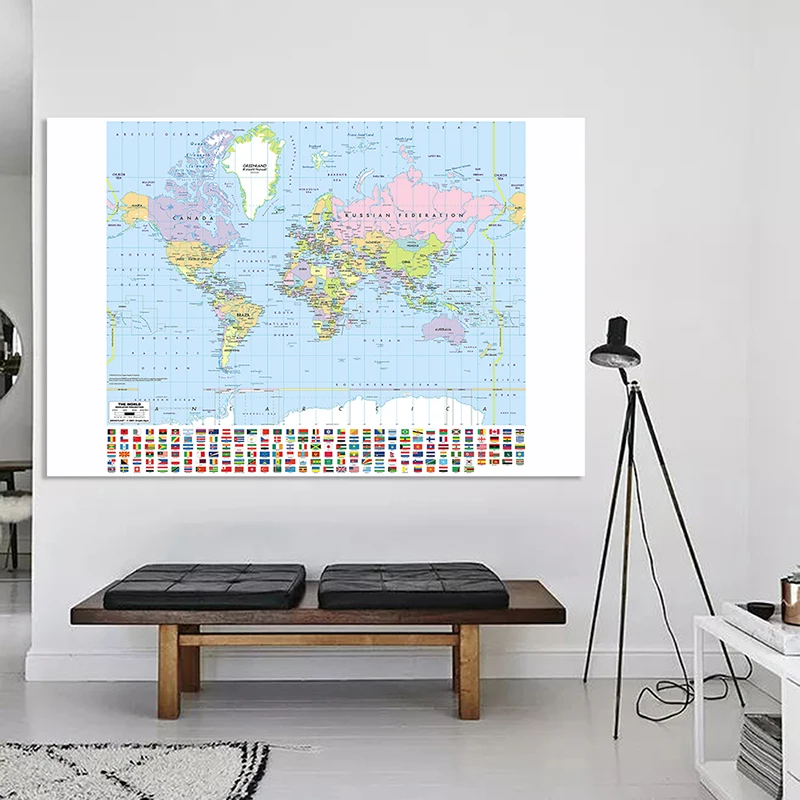 

World Detailed Political Map 225*150cm Map with National Flags Non-woven Canvas Painting Wall Poster Home Decor School Supplies