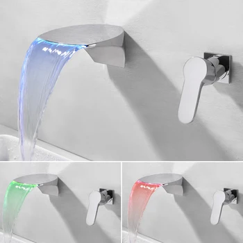 SKOWLL Waterfall Bathtub Faucet Wall Mount 3 Color LED Tub Filler Faucet 2 Hole Bathroom Sink Faucet, Polished Chrome HG-292