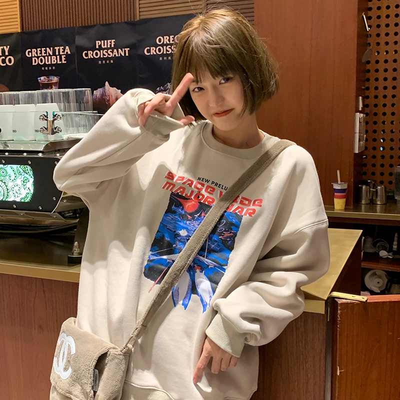 

autumn and winter 2020 korean style Women Sweatshirts bf cartoon print Long Sleeve Casual thick warm Sweatshirt Womens (C2951