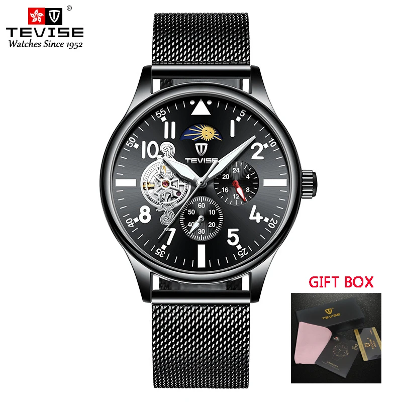 Черный Tevise Новая мода для мужчин автоматические механические часы сталь Tourbillon Скелет наручные часы хронограф наручные часы Relogio Masculino - Цвет: Черный