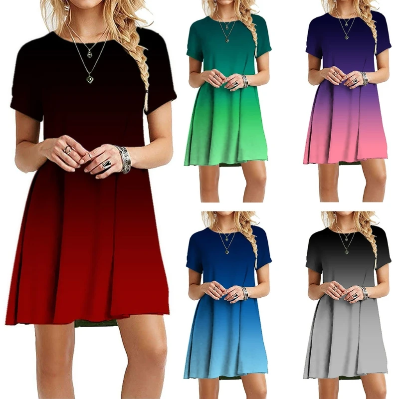 

Women Short Sleeve O-Neck Swing T-Shirt Dress Colorblock Gradient Loose Sundress