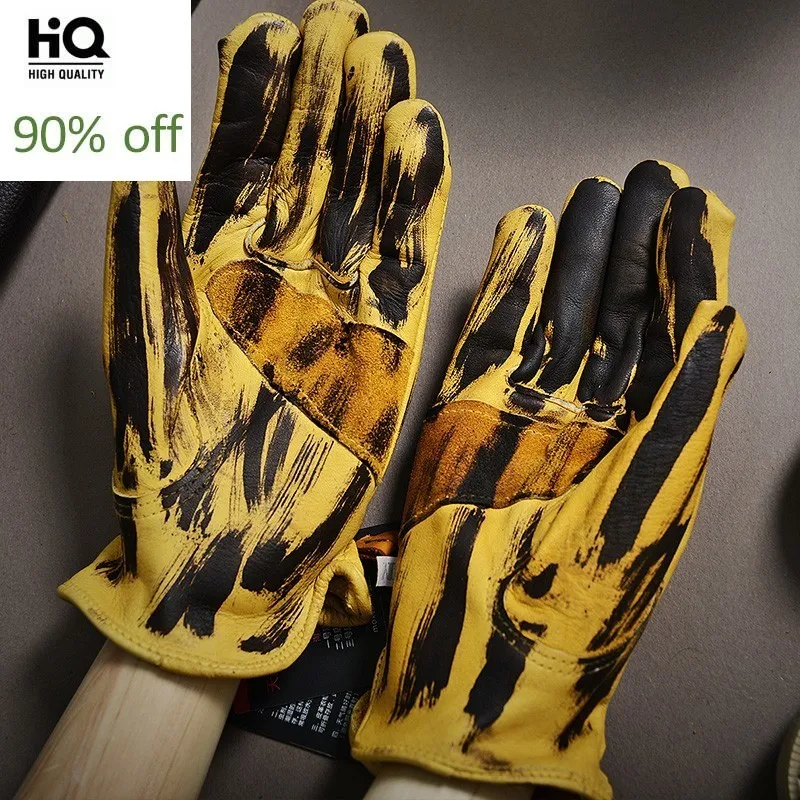 Motorcycle Biker Men Winter Sheepskin Genuine Leather Gloves Warm Full Driving Guantes Mujer Retro Yellow Riding Mittens | Аксессуары