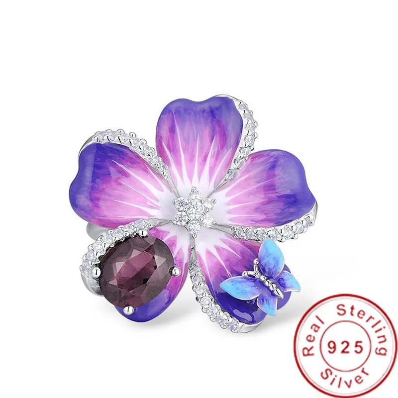 Женское кольцо с цветком ручной работы из стерлингового серебра 925 пробы камнями