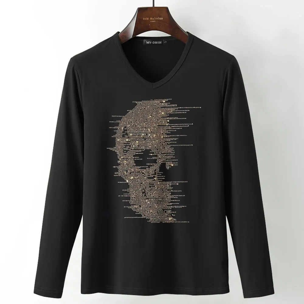 T005-V-Black Новые футболки с черепом и бриллиантами, тянущаяся хлопковая футболка с длинными рукавами, готический стиль, мужская Высококачественная футболка большого размера 5XL со стразами - Цвет: T005-V-Black