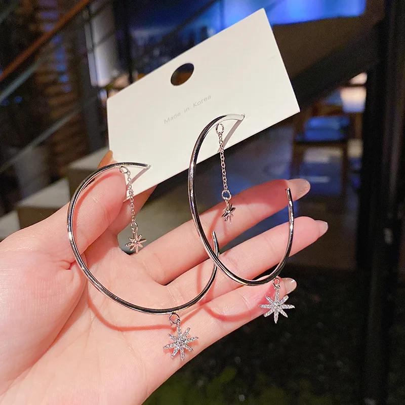 

New Fashion Big Circle Round Hoop Stud Earrings for Women Korean Style 925 Silver Needle Metal Star Earrings Party Jewelry Gift