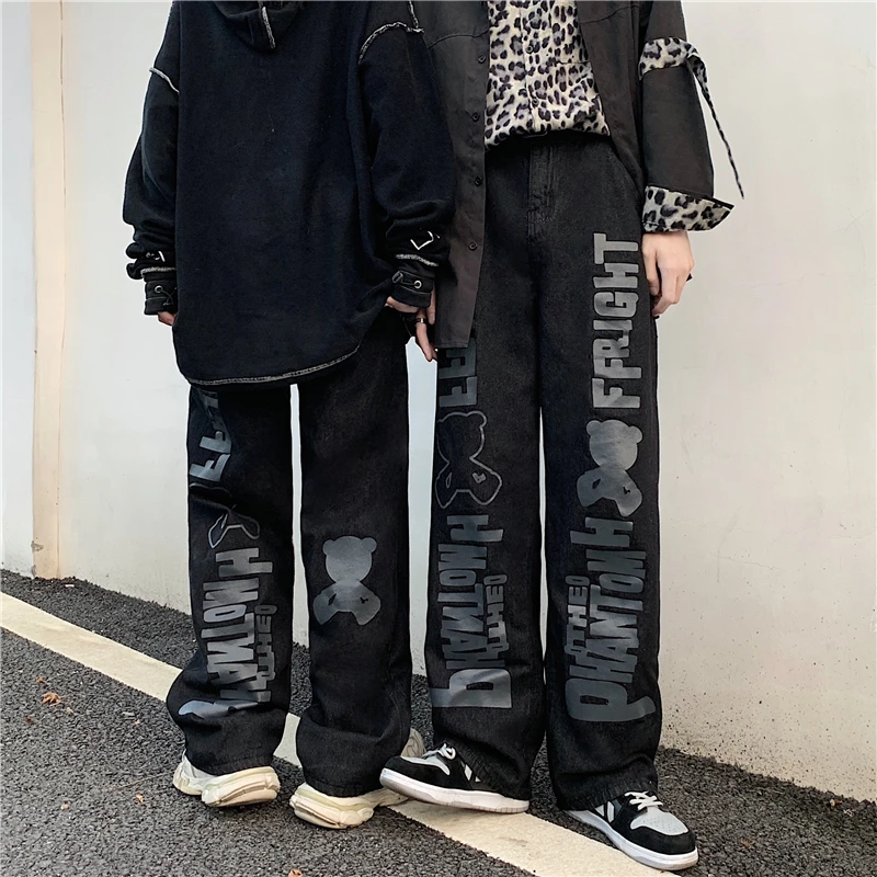 

Korean Version Of Rtro Jeans ins Front And Back Print Dark High Street Men And Women Street Casual Loose Straight-Leg Pants