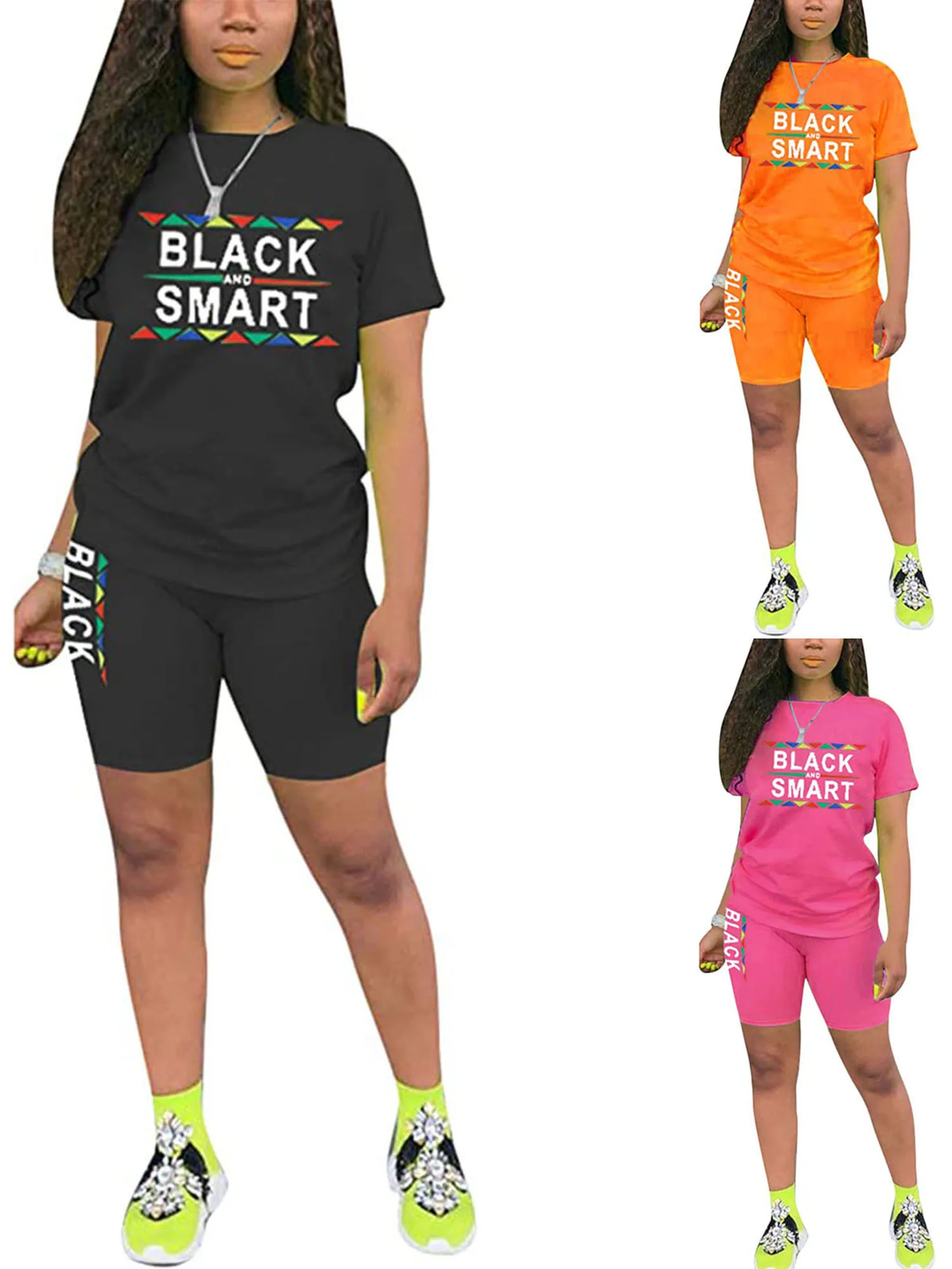 

Костюм женский из хлопковой смесовой ткани, с буквенным принтом, с коротким рукавом, круглым вырезом и шортами на резинке