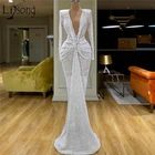 Женское вечернее платье с блестками, белое длинное платье с V-образным вырезом и бусинами, в арабском стиле, платье для выпускного вечера, 2020