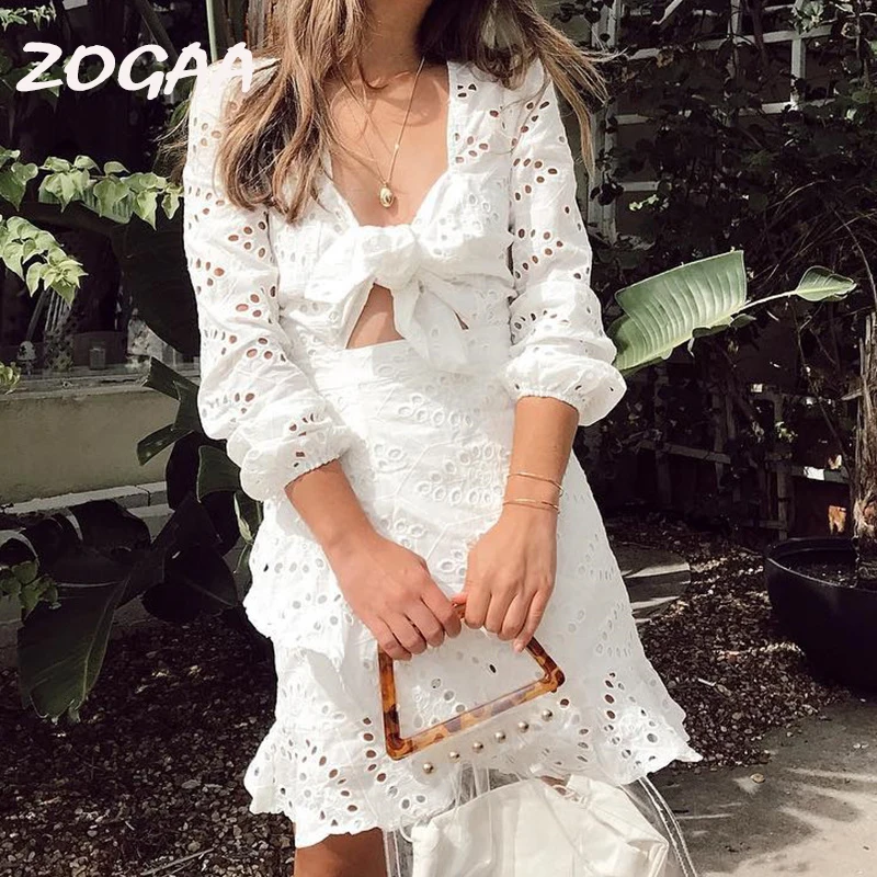Женское пляжное платье ZOGAA белое ажурное с бантом элегантное кружевное