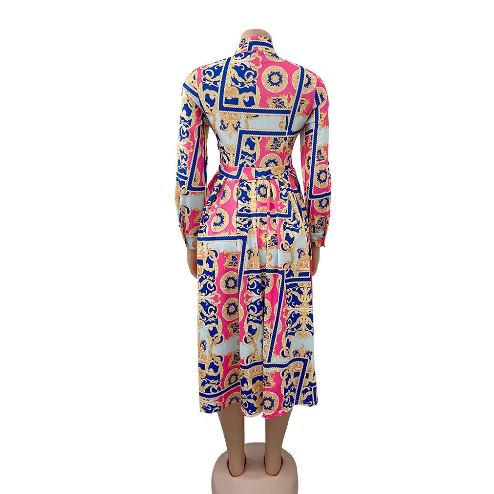 

Floral Print African Women Dress Y2K Plus Size Long Sleeve Office Casual Women's Dress Summer Fall Pleated Midi A-Line Maxi Robe