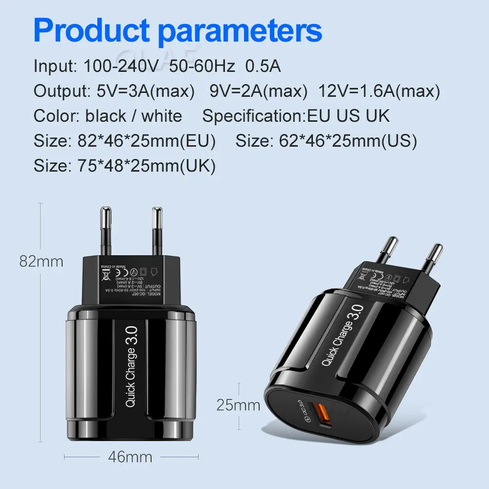 QC3.0 18 Вт Быстрая зарядка 5 в 3 А EU US вилка адаптер настенный мобильный телефон