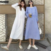 one piece woman korean elegant lattice dresses french vintage loose casual long sleeve dress 2021 spring autumn womens dress