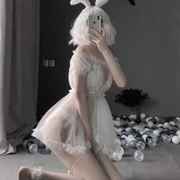 kawaii lace babydoll sexy lingerie pajamas set for women off shoulder tulle temptation see through dress erotic cosplay costumes
