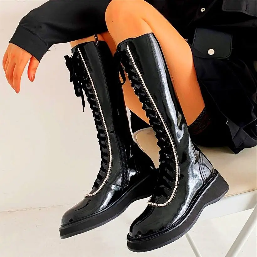 

Military Long Boots Women Glossy Cow Leather Round Toe Knee High Boots Platform Creeper Shoes High Heels Party Oxfords EUR35 -43