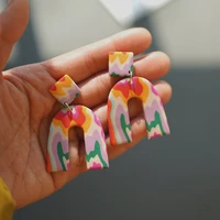 trendy fashion big size abstract polymer clay colorful pattern geometric dangle stud pendant statement earring for women jewelry