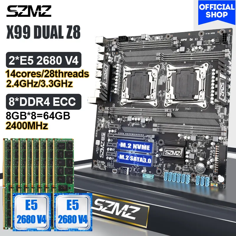 

SZMZ X99 DUAL Motherboard Combo with 2 Pcs Xeon E5 2680 V4 CPU and 8*8GB ECC DDR4 2400MHz RAM Kit