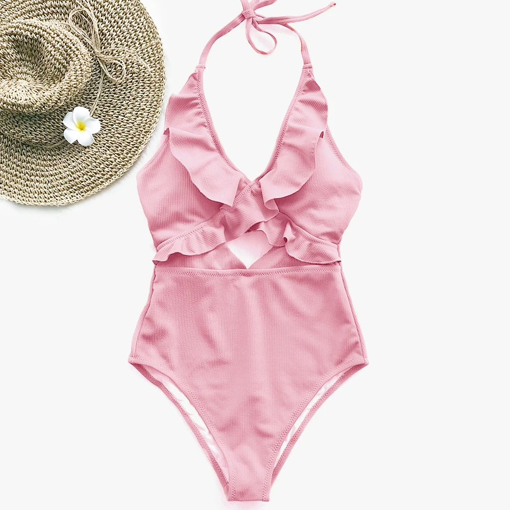 

Women Ruffle One Piece Swimsuit Sexy Solid Halter Top Swimwear Female Summer Swimming Suit Bathing Monokini Beachwear Bather