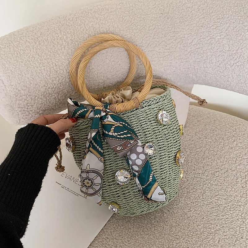 

High Quality Hand Woven Straw Diamond Scarf Holiday Women Casual Handbag Bucket Bag Purse Designer Bag Vacation Bags s
