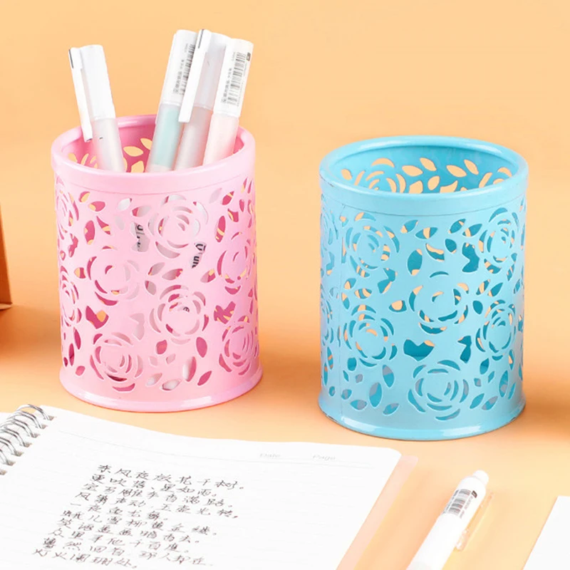 

1pcs Metal Hollow Rose Flower Design Cylinder Pen Pencil Pot Holder Storage Pen Case