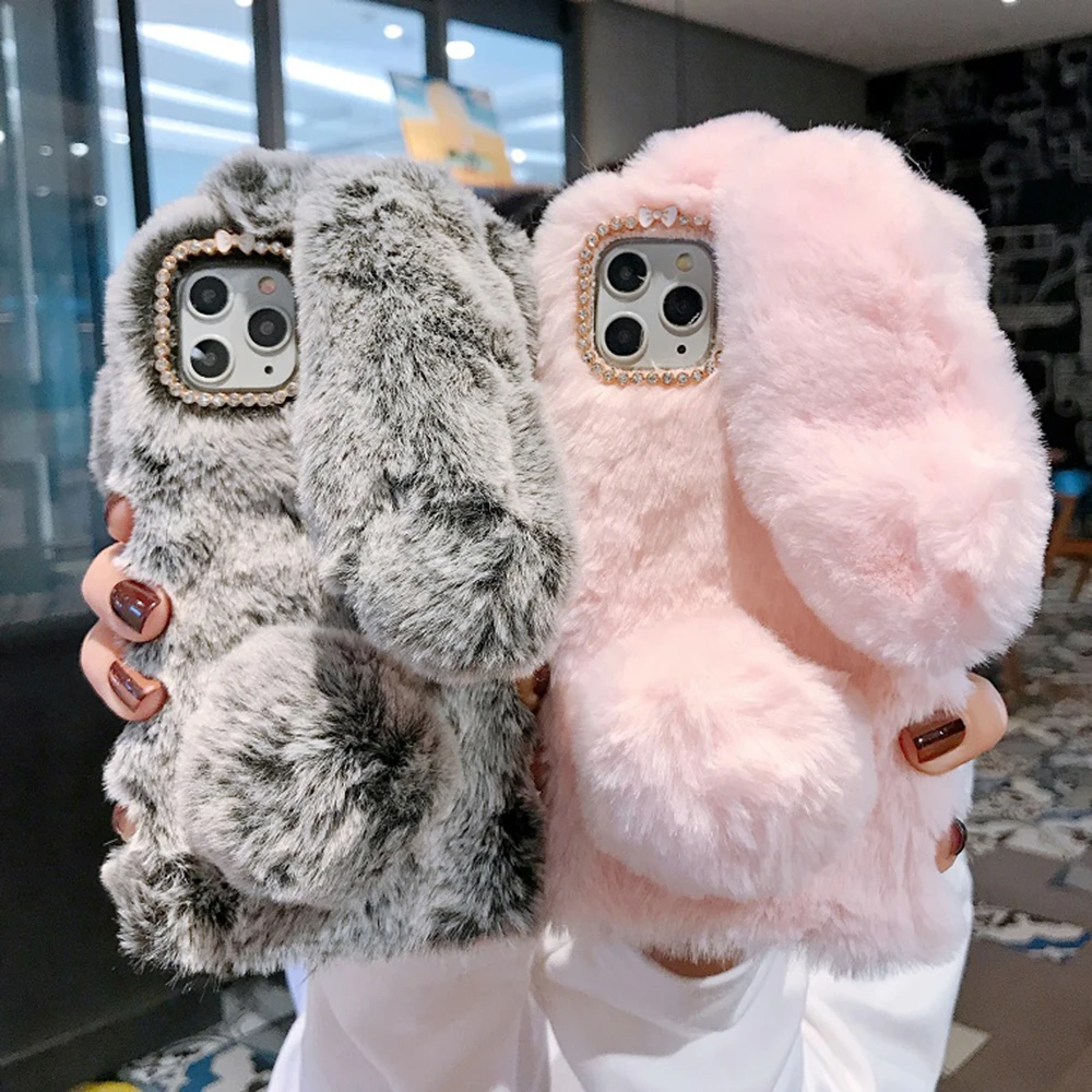 3D меховые кроличьи ушки плюшевый теплый чехол для телефона iPhone 11 Pro XR X XS Max 8 7 6 6s