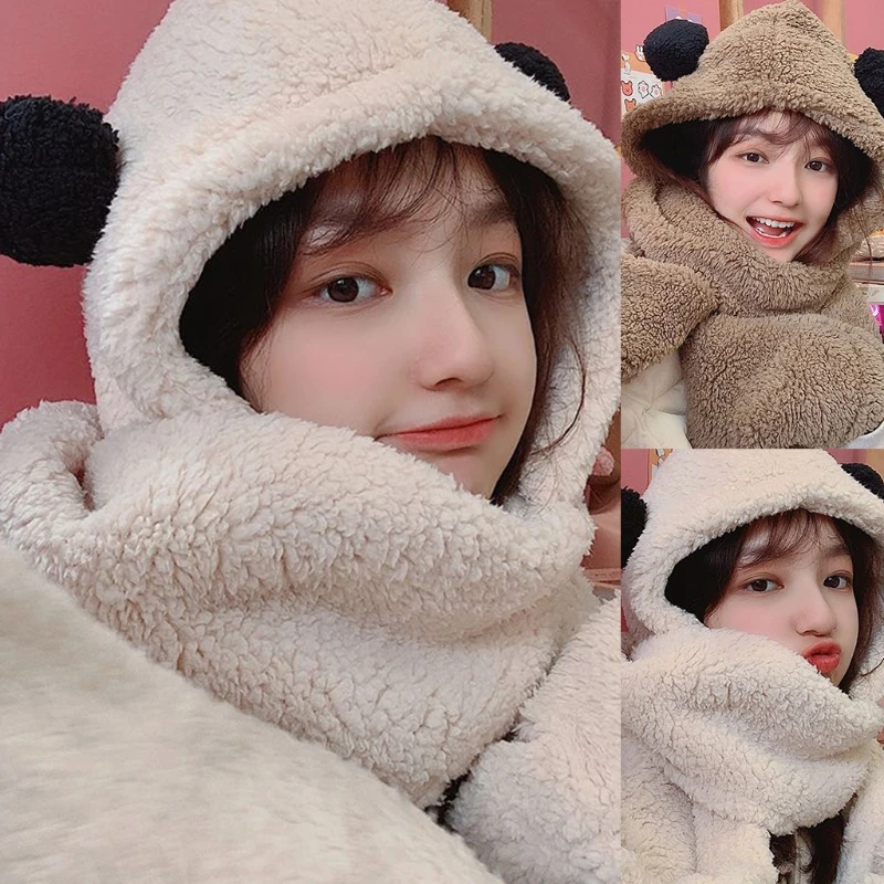 

Fashion Winter Warm Sweet Cute Bear Ears Plush Hat Scarf Windproof 3-in-1 Multi-functional Cartoon Hat Scarf&Gloves Set