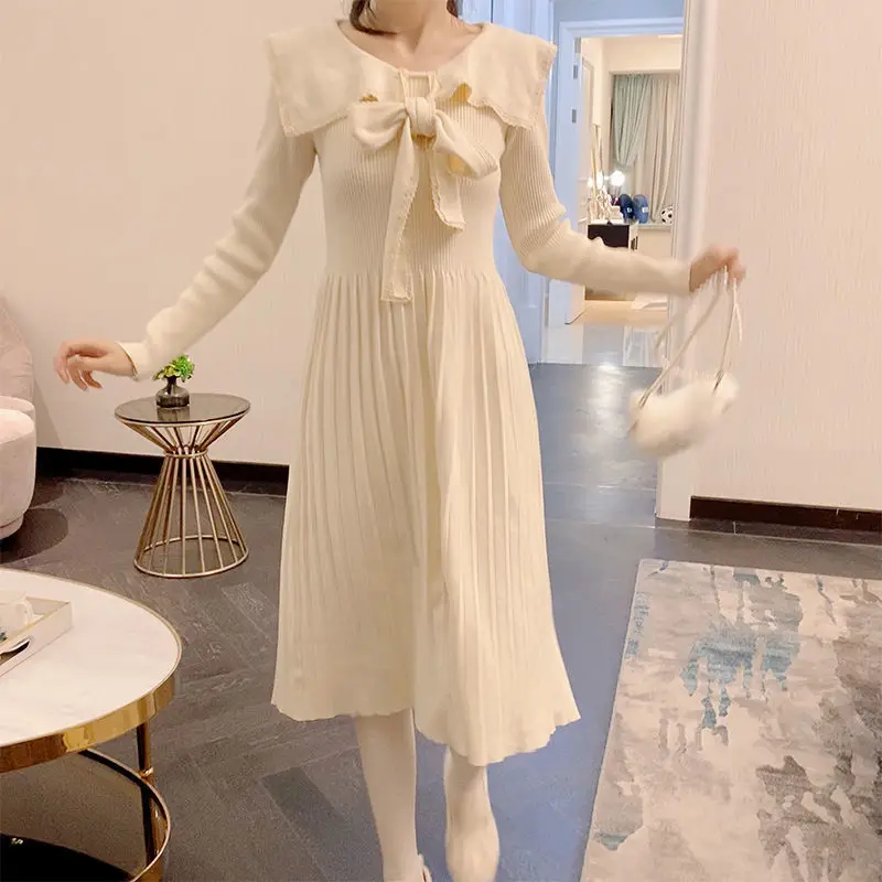 

Elegant Vintage Dress Knitting Kawaii Preppy Style Lace Patchwork Autumn Winter Long Sleeve Dresses Solid Outfits