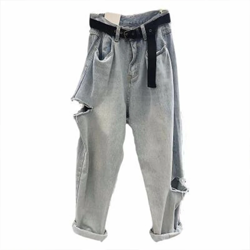 

Loose Vintage Woman Jeans Autumn Bleached Casual Boyfriend Hole Denim Wide Leg Pants Oversize High Waist Woman Jean