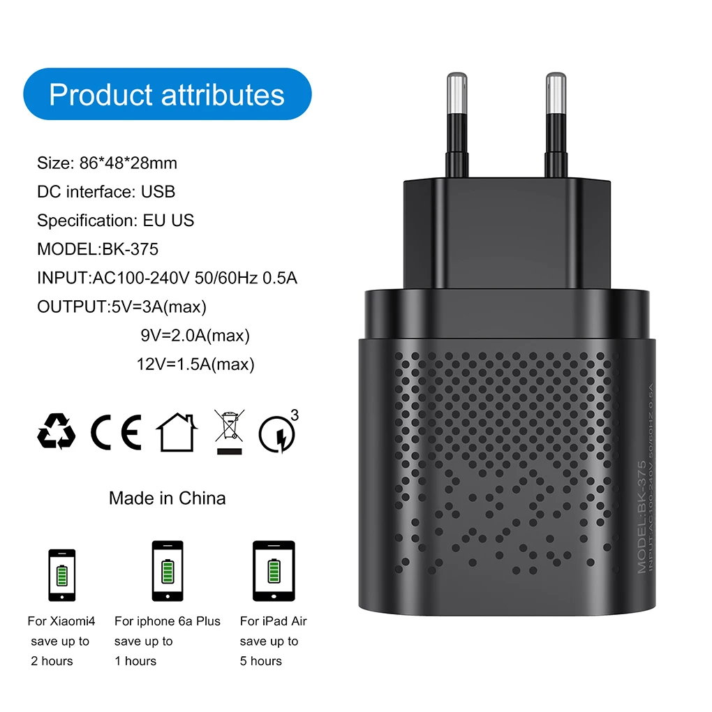 

USB Charger 3A Quik Charge 3.0 Mobile Phone Charger For iPhone 12 Portable 4 Port 48W Fast Wall Chargers for Samsung EU/US Plug