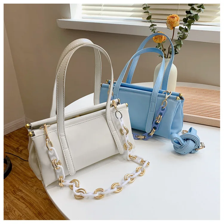 Fashion New Trend Designer Solid Candy Color Acrylic Chain Handbag Pu Leather Armpit Bag Womens Purses 2021