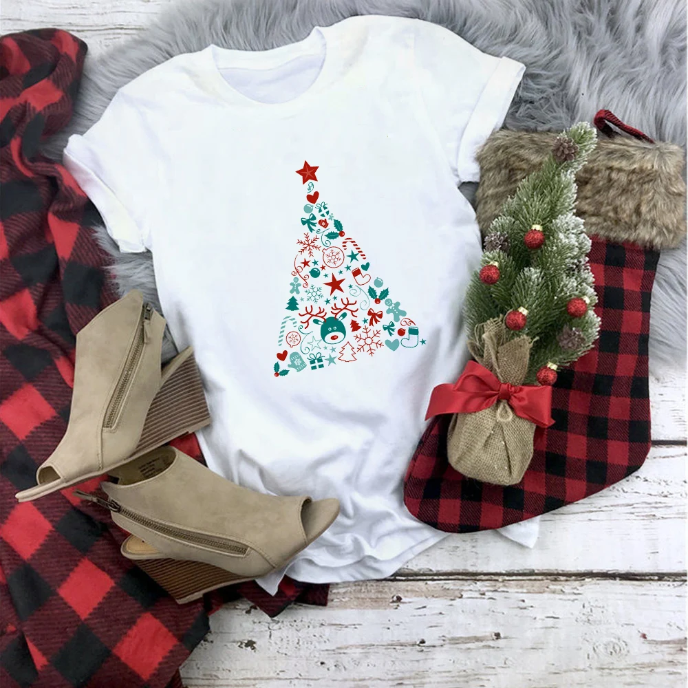 

Showtly Merry Christmas Women T Shirt Christmas Tree Kawaii Short Sleeve Harajuku Casual Gothic Super Soft Female Tee Tops