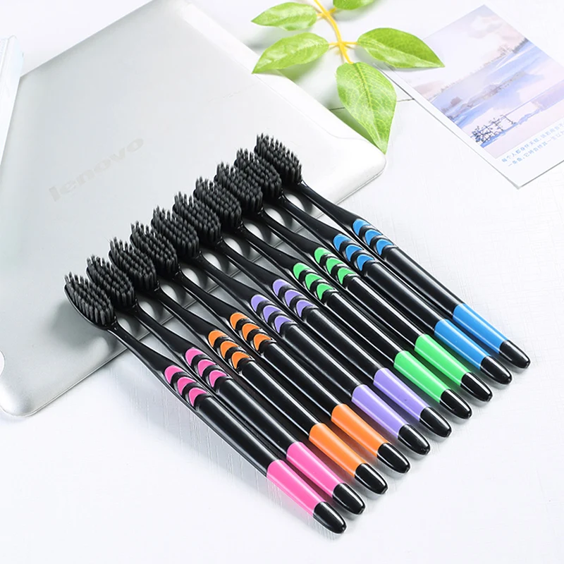 

[10 Pieces] Toothbrush Soft Bristle Adult Bamboo Charcoal Household Fine Wool Toothbrush Antibacterial Men and Women Family