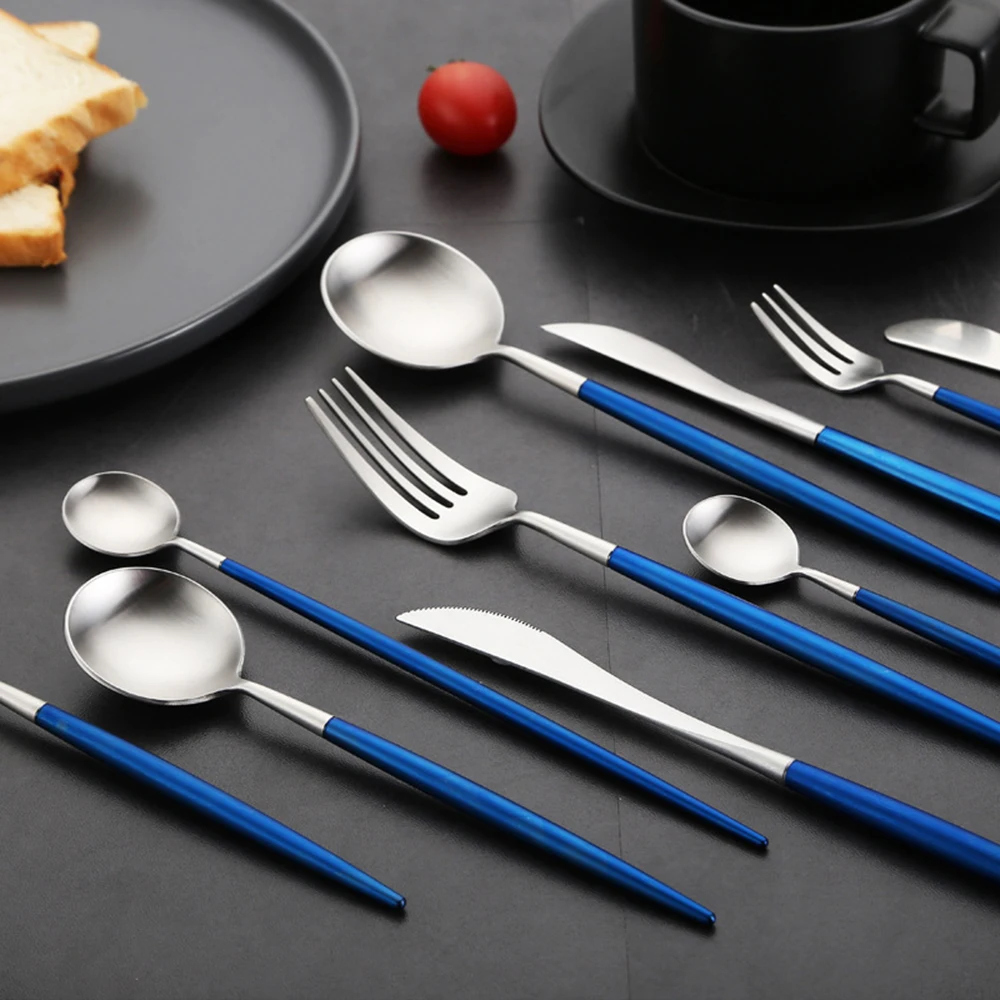 Горячая Распродажа синие подвесные столовые приборы из нержавеющей стали золотые вилка ложка нож