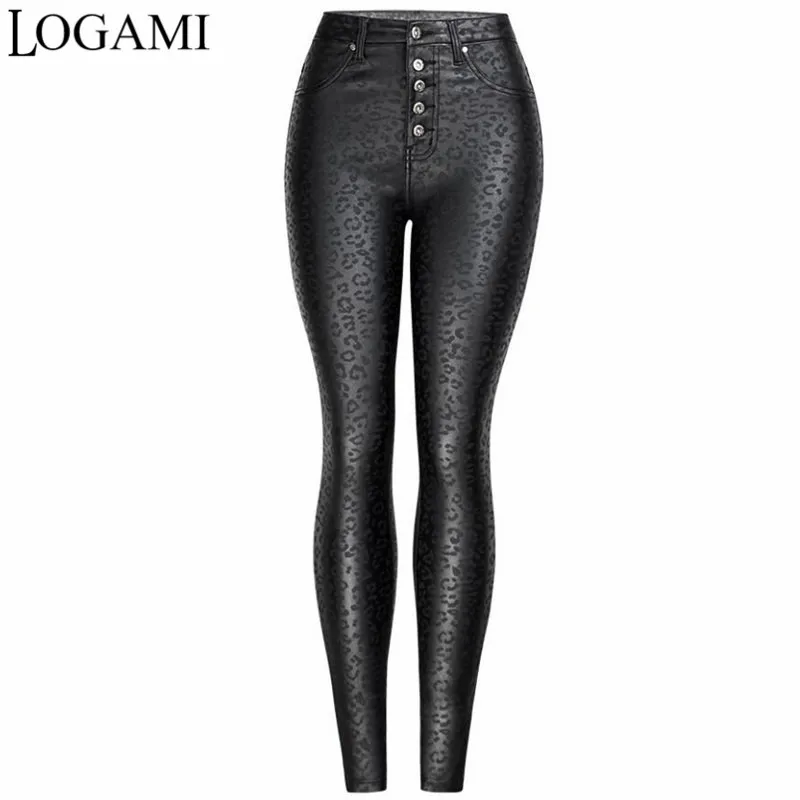 LOGAMI High Waist Leopard Pu Leather Pants Women Button Faux Skinny Woman Trousers | Женская одежда