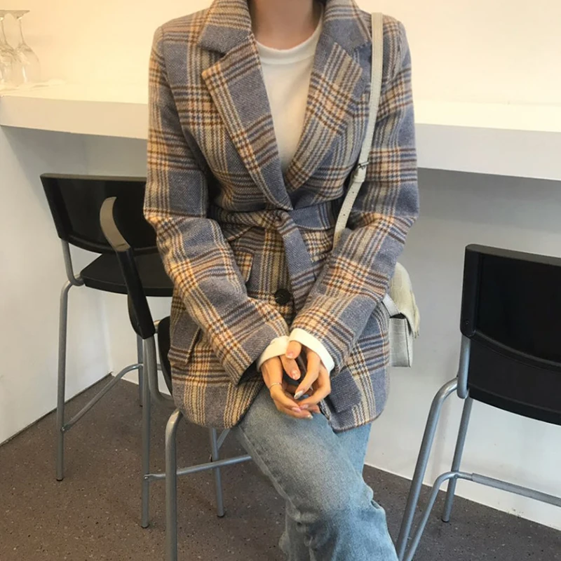 

Autumn Vintage Plaid Women Blazer Coats Casual Single Buttons Sashes Female Blazers Fashion Winter Long Sleeve Ladies Blazers