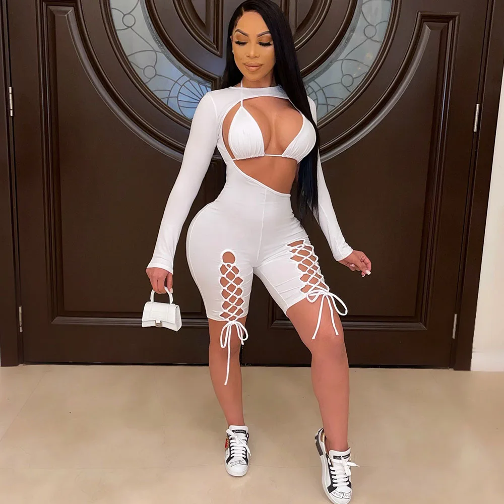 

Sexy Hollow Out Short Rompers Womens Jumpsuit Long Sleeve Night Club Party Bodycon Romper Playsuit Birthday Outfits for Women