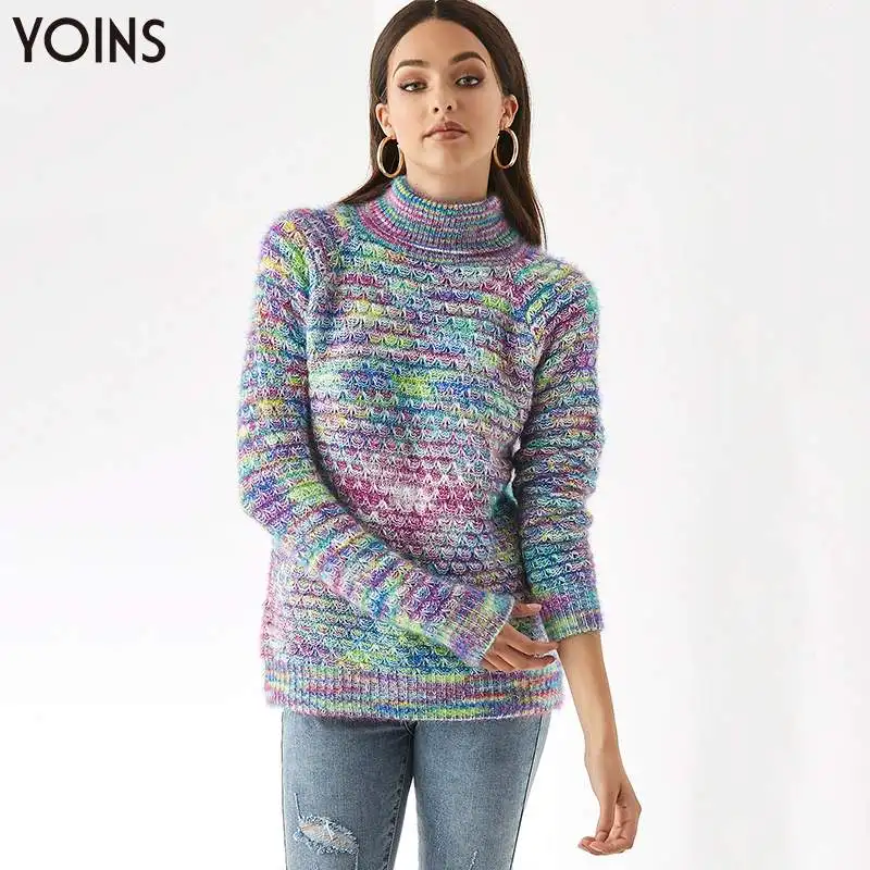 Женский свитер YOINS разноцветный вязаный с высоким воротом и длинными рукавами