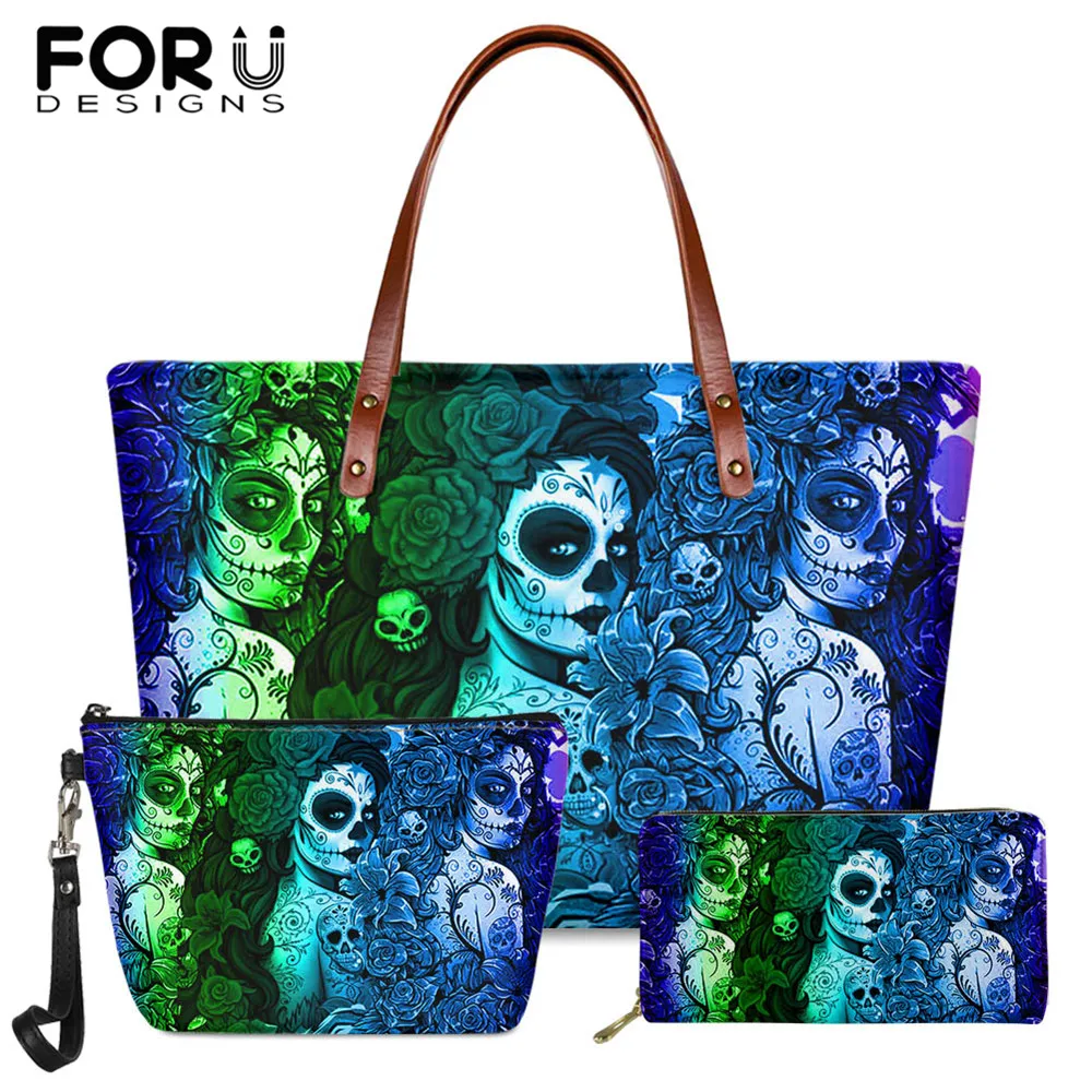 

FORUDESIGNS Fashion Women's Party Bag Gradient Sugar Skull Printed Shoulder Bags and Purse Set Girl Large Gothic Bags sac a main