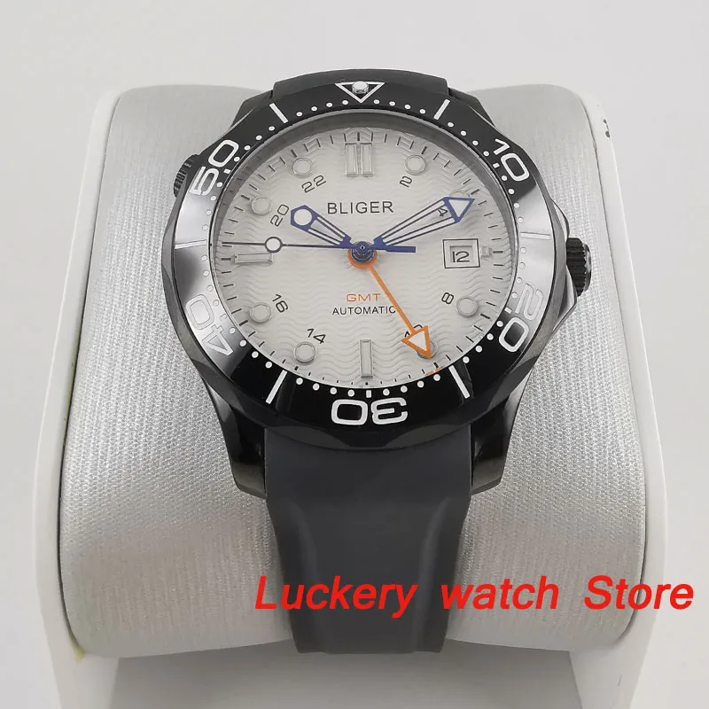 

41mm bliger Luxury watch white dial Luminous saphire glass;Rubber Strap GMT Automatic men's Mechanical Watches-BA187