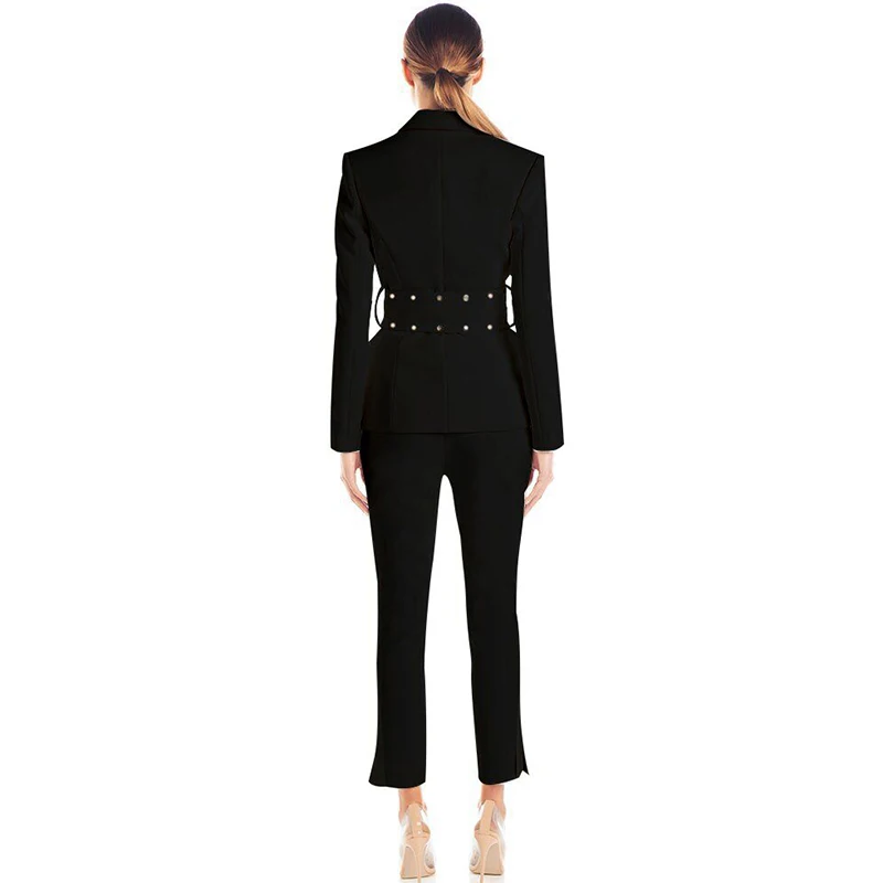 INDRESSME Модный комплект из двух предметов, v-образный вырез, длинный рукав, золотистая Пряжка, блейзер с поясом, прямые брюки, новинка, женские костюмы
