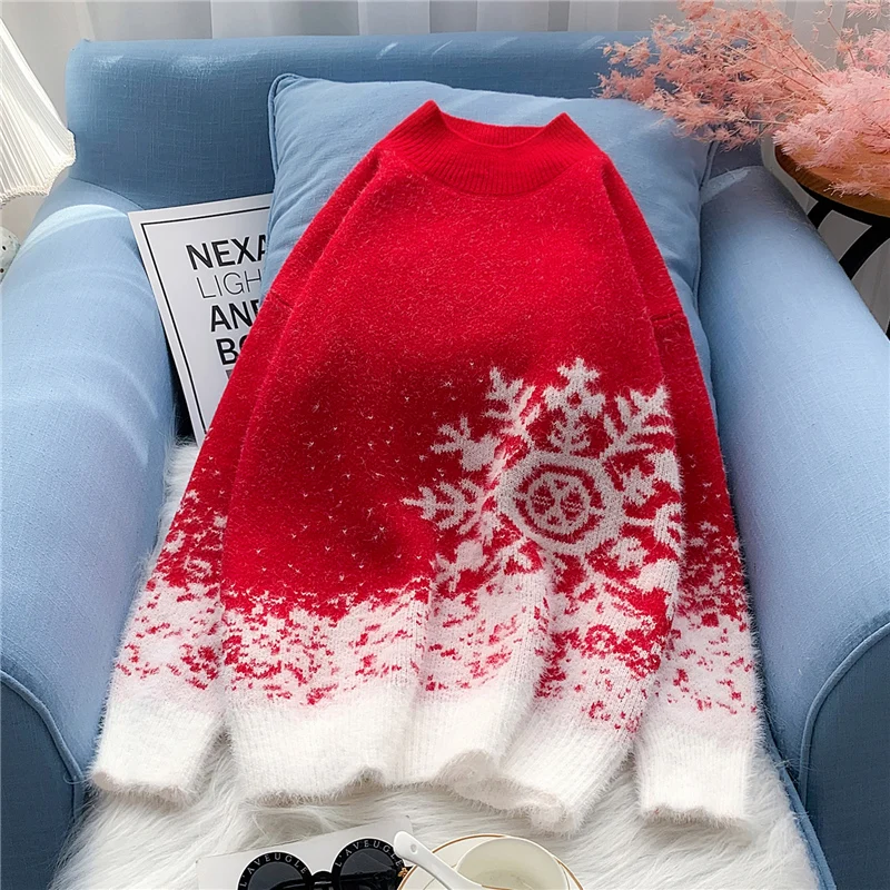 

Snowflake Knitted Women Sweater Pullovers Winter New O-Neck Flare Sleeved Loose Thicken Warm Female Pulls Outwear Tops