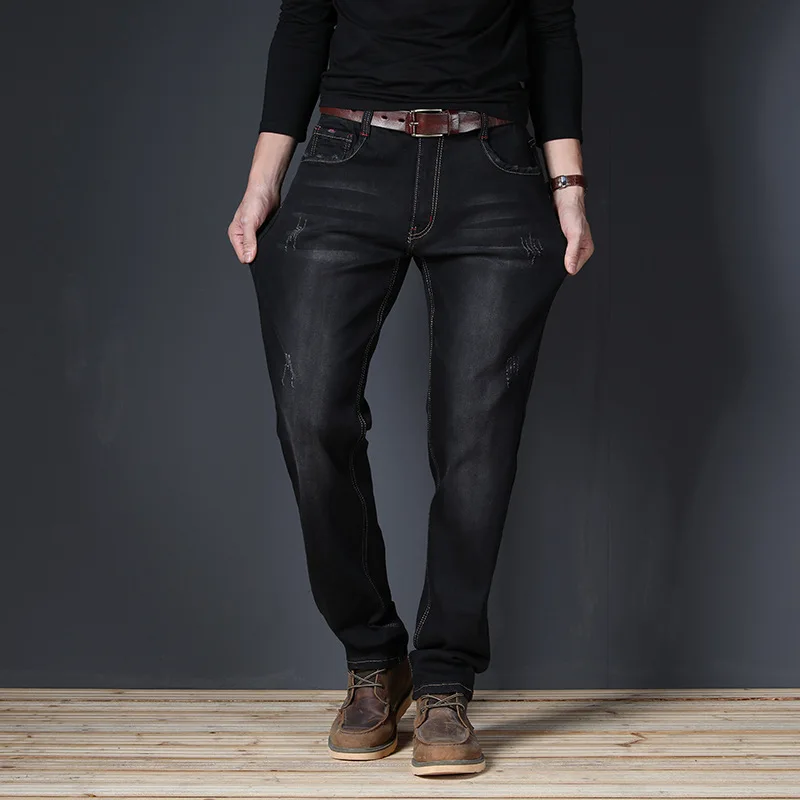 

2021 Jeans Men's Extra Large Size 48 Stretch Men's Style Elastic Jeans Black Blue Straight Denim Pants Mens Casual Plus Size 7XL