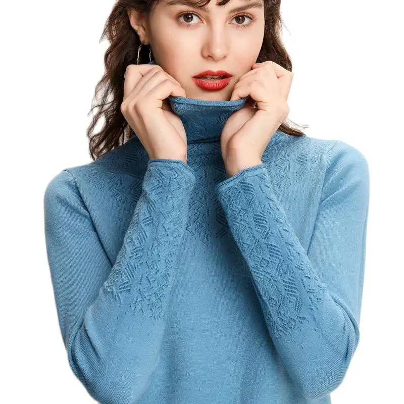 

Fashion Sweater Hollow Carved Turtleneck Women's Sweater Cashmere Cotton Blend Pullover 2021 Fall/Winter Women's Sweater