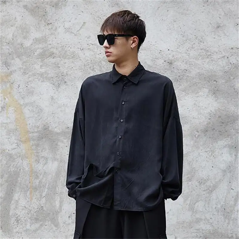Men's Long Sleeve Shirt Spring And Autumn New Personality Ribbon Stitching Dark Hip Hop Trend Casual Loose Shirt