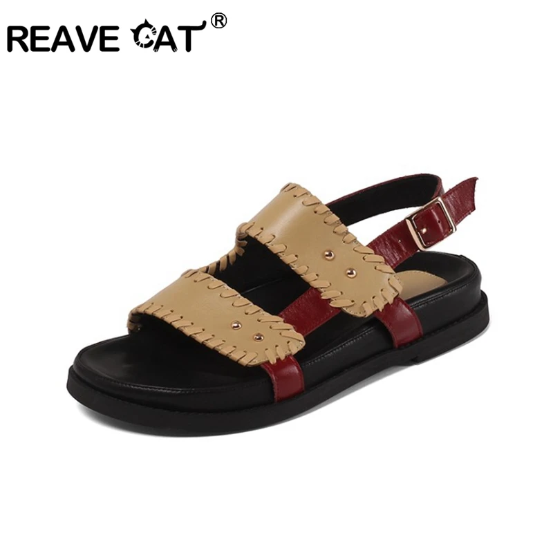 

REAVE CAT Celebrity Women Flat Genuine Leather Sandals Thick Sole Buckle Strap Platform Chunky Comfort Rome Gladiator Shoe 34-40