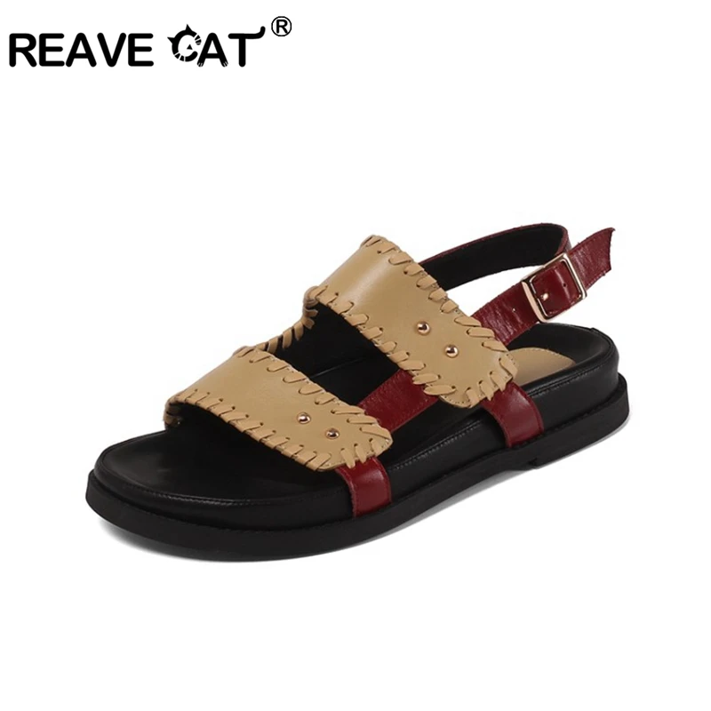 

REAVE CAT/туфли в стиле звездной моды обувь из натуральной кожи на плоской подошве женские сандалии на толстой подошве; Туфли с ремешком и пряжк...