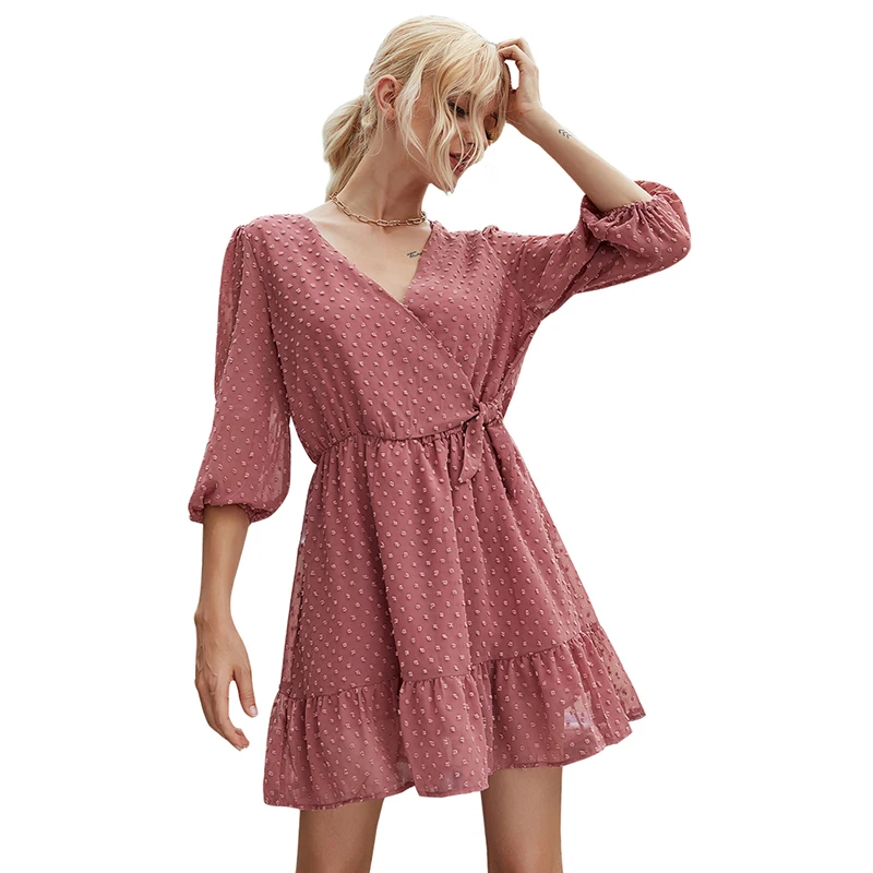 

Summer Solid Color Women Mini Dress Sexy V-neck Chiffon Three Quarter Sleeve Fashion Elegant A-line Bohemian Beach Party Dress