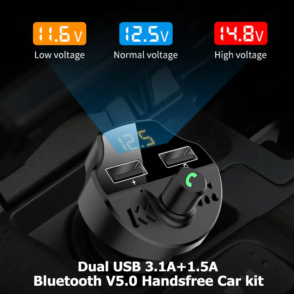 

Автомобильный комплект громкой связи Bluetooth 5,0 FM-модулятор цифровой тестер напряжения 3.1A + 1.5A двойной USB-адаптер питания для телефона TF-карта ...