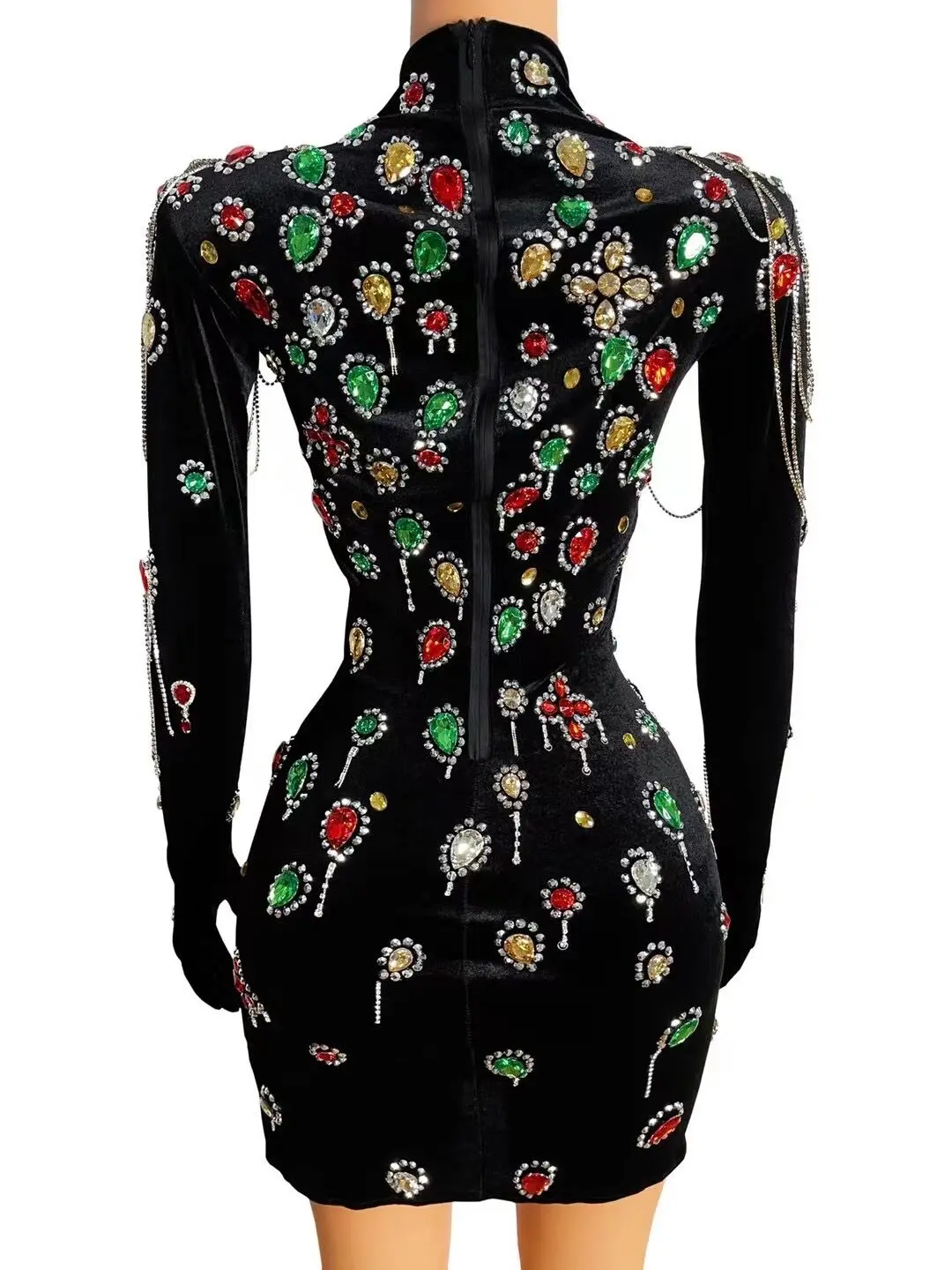 

Multi-color Rhinestone Turtleneck Black Velvet Dress Birthday Gloves Sleeve Costume Prom Women Dance Chain Short Dress