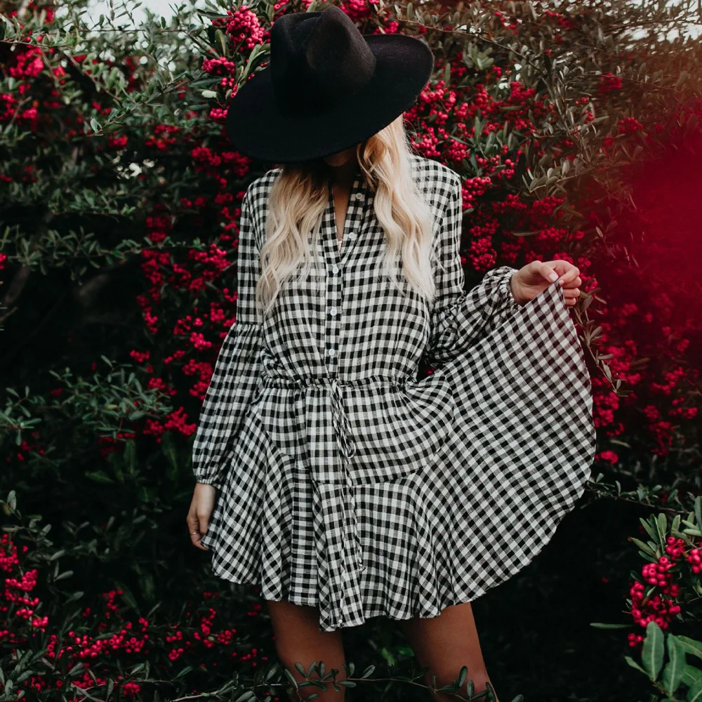 

Lantern Long Sleeve Dress Elegant Plaid Print Lapel Single Breasted Lace Up Mini Dress 2021 Vintage Patchwork Dresses For Women